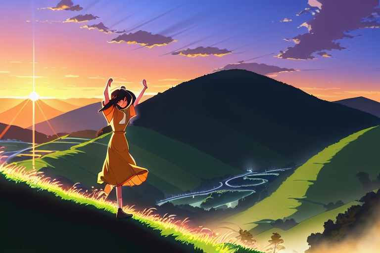 Engineer triumphant at sunset overlooking data center